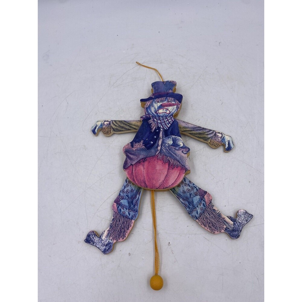 Vintage Wooden Double Sided Pull String Scarecrow Ornament Pumpkin Leg/Arms Move